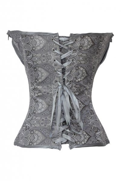 Silver oriental floral print overbust boned corset